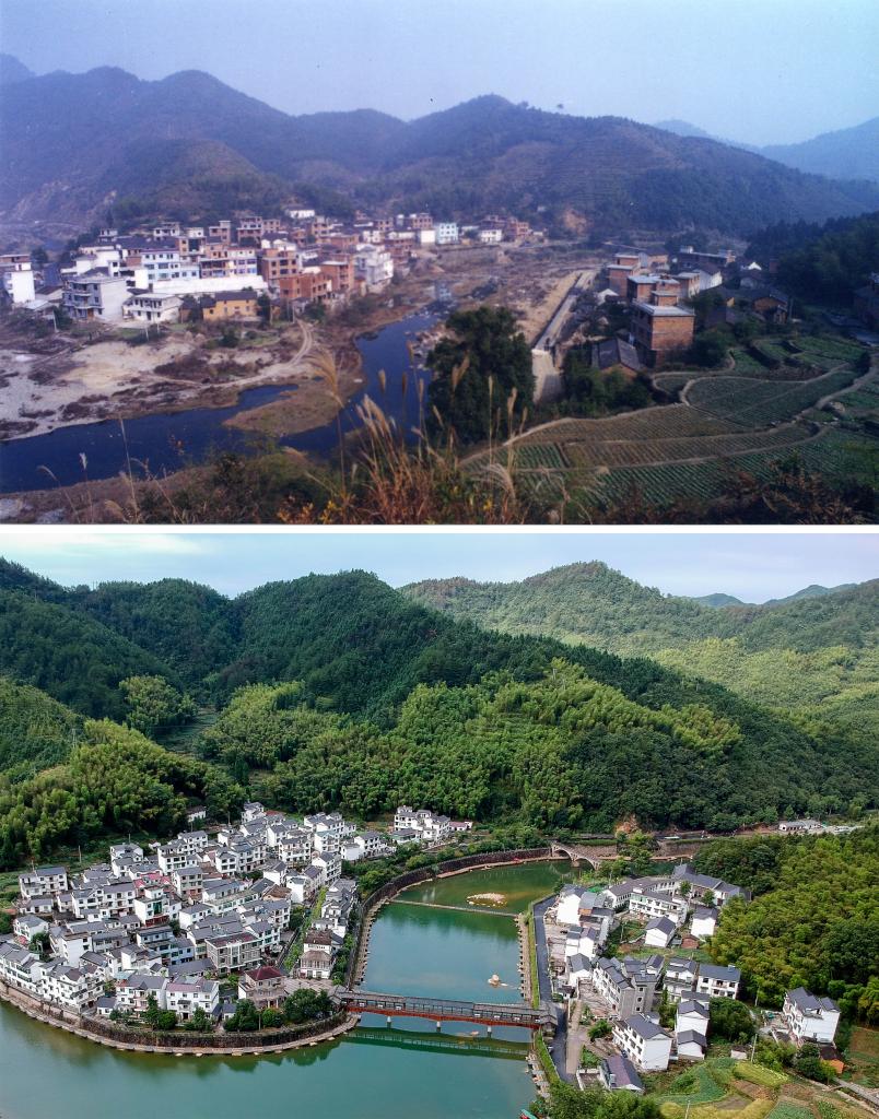 圖為浙江省杭州市淳安縣楓樹(shù)嶺鎮(zhèn)下姜村拼版圖，其中上圖為資料照片、下圖由新華社記者張鋮攝。